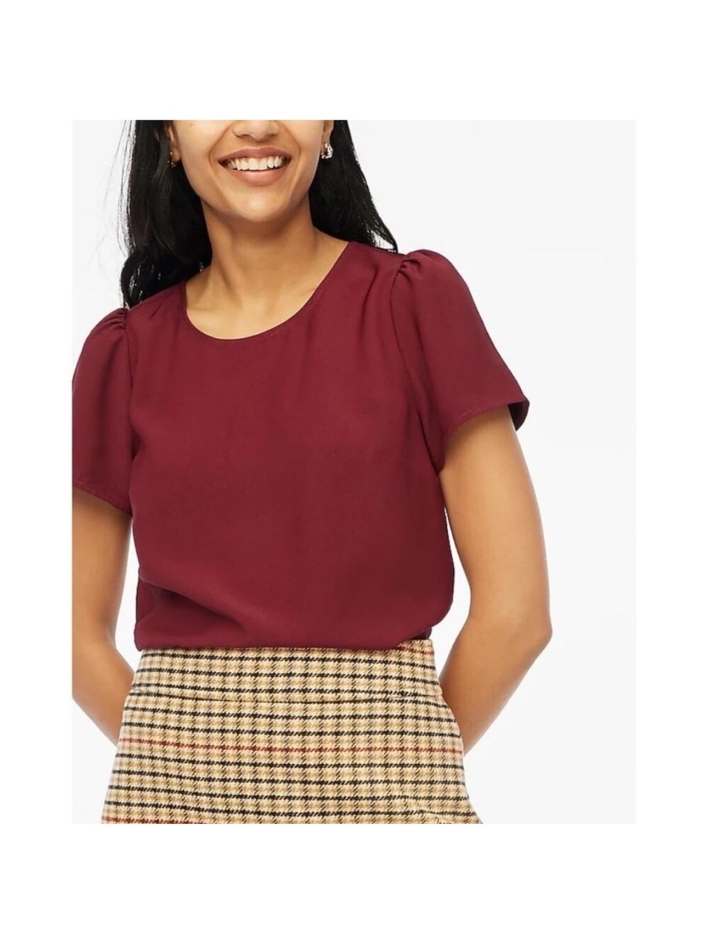 J. Crew Burgundy Puff Shoulder Short-Sleeve Blouse